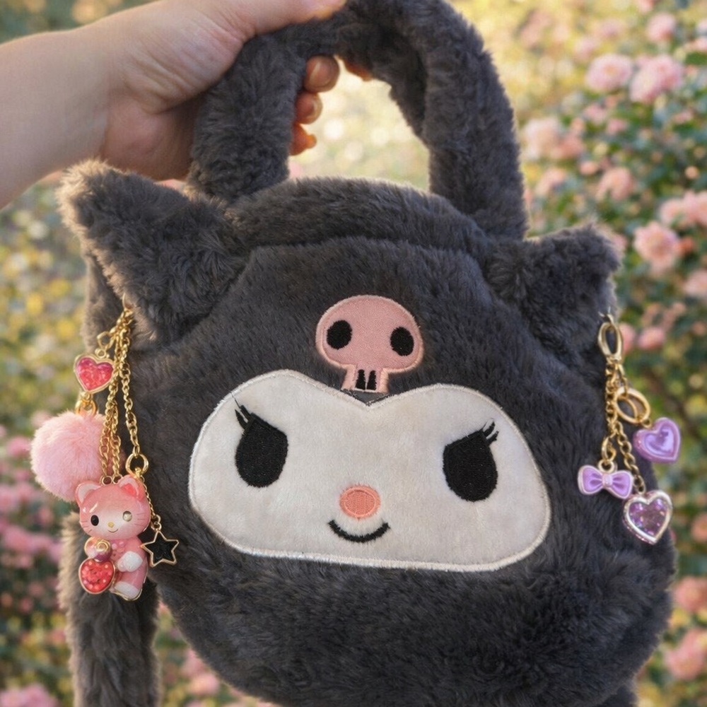 Cute Gray Plush Kids Bag with Charms
